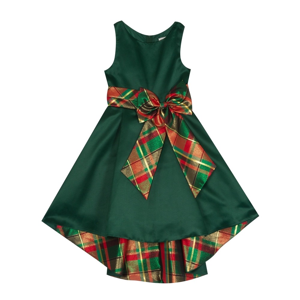 Rare Editions Big Girls Satin Dress with Hi Low Skirt and Plaid Bow - Green - 12